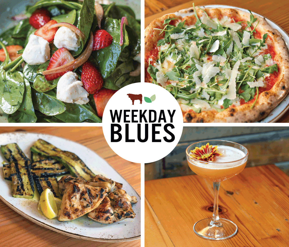 Our Weekday Blues #special is over 45% off! It includes a spinach, strawberries, red onion &amp; mozzarelline salad &amp; either herb-marinated grilled #chicken &amp; zucchini or #pizza with arugula, mascarpone &amp; parmesan. Plus a #rum #cocktail.  Available M-Th.
ow.ly/nrLh50BCv5Y #napa