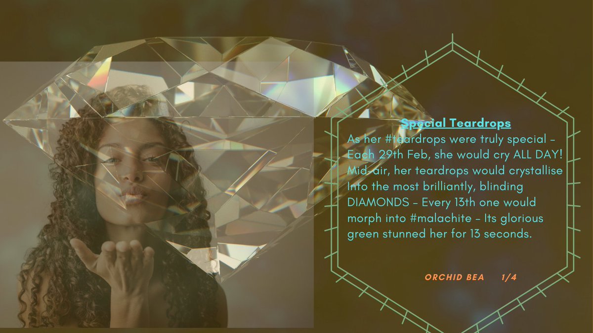 OrchidBea1's tweet image. 📚Special Teardrops

#BraveWrite
#PromptWords: 24/9 - 27/9/20
[#teardrop #spindle #malachite #auburn ]
#ChildhoodCancerAwarenessMonth 🎗️

#WritingCommunity #Writers #Writing #Thoughts #fun
#fantasy #surrealism #dreams #diamonds #mystery
#poetrycommunity #love #women #empowerment