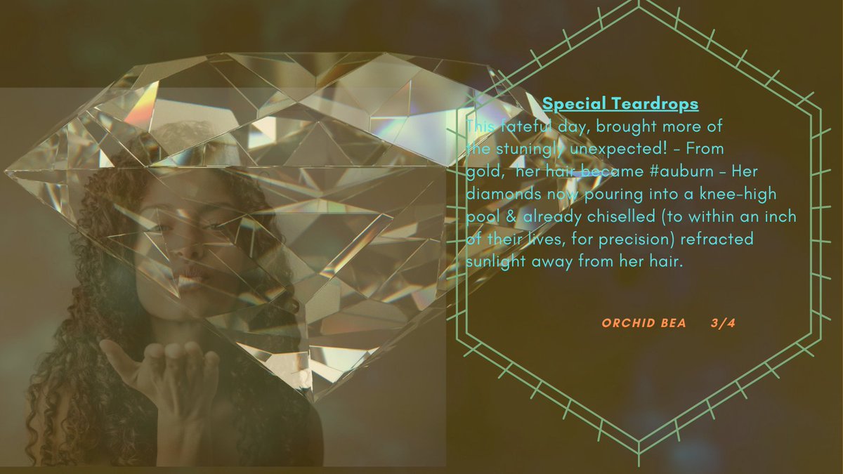 OrchidBea1's tweet image. 📚Special Teardrops

#BraveWrite
#PromptWords: 24/9 - 27/9/20
[#teardrop #spindle #malachite #auburn ]
#ChildhoodCancerAwarenessMonth 🎗️

#WritingCommunity #Writers #Writing #Thoughts #fun
#fantasy #surrealism #dreams #diamonds #mystery
#poetrycommunity #love #women #empowerment