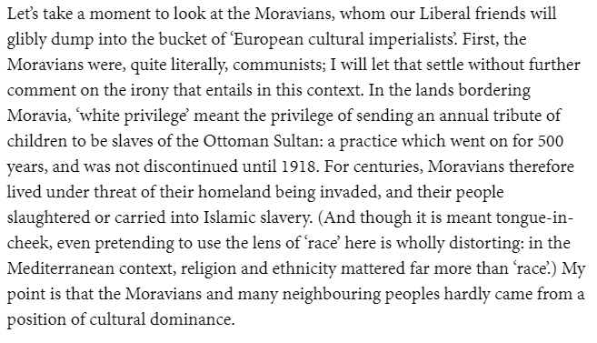 This is all nonsense framed like a point. You can be historically oppressed or be of an ethnicity with a history like the Moravians and still be part of settler colonialism. Post-Civil War black soldiers and settlers are a perfect example of this in the American West. /60