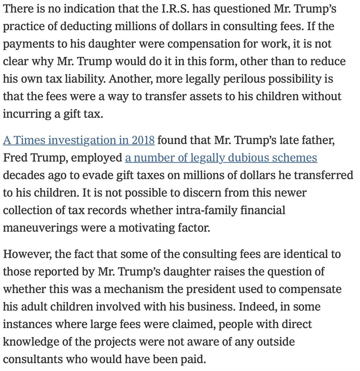 Trump tax thread. I'll start with the smaller stuff. What's with the consulting fees to the kids? 1/x