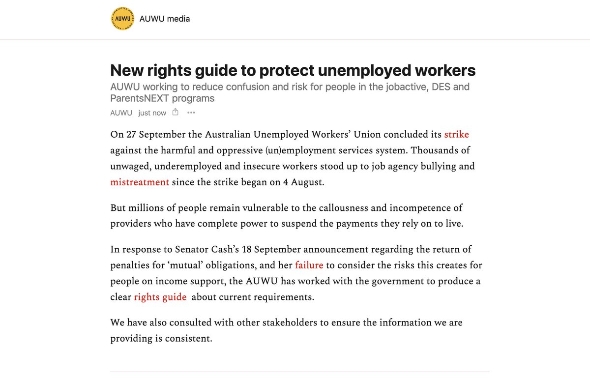 STATEMENT: AUWU releases rights information to help protect unemployed workers as penalties are reintroduced Access the statement and the rights info here:  https://auwu.substack.com/p/new-rights-guide-to-protect-unemployed