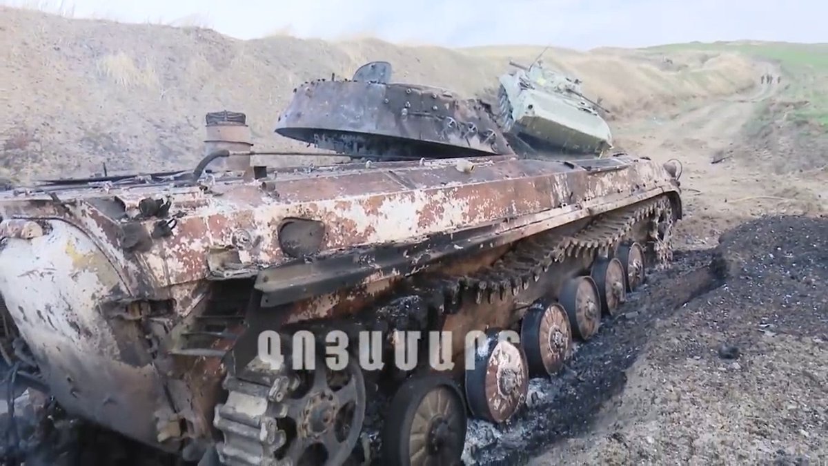 The video shows 8 bodies from the Azerbaijani military as well as three BMP-2, one of which was a catastrophic kill while the other two appear to be damaged/mobility kills. 186/ https://vk.com/armenia_military_portal?w=wall-164246427_85468