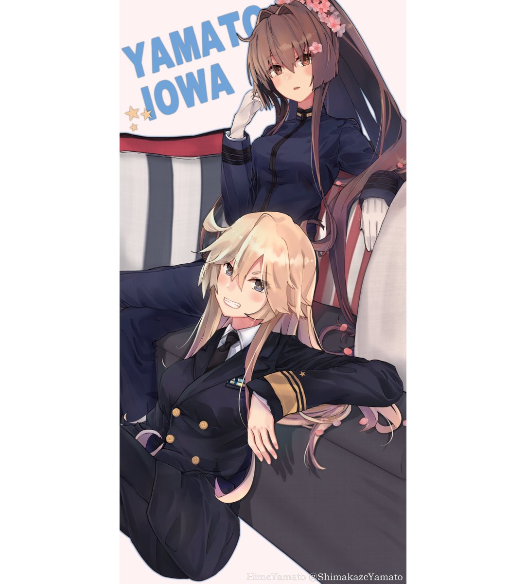 iowa (kancolle) ,yamato (kancolle) multiple girls 2girls blonde hair long hair symbol-shaped pupils brown hair military  illustration images