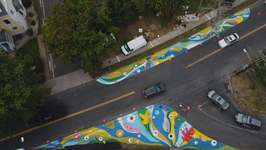 LottaFish's tweet image. Street Calming Art with fish, frogs, and polliwogs! Thanks to all who helped make this painting day a success!  QEMT, @cityofnewhaven  Project video is coming! #TacticalUrbanism  #stormwater #StreetArt #CleanWater #SafeStreets