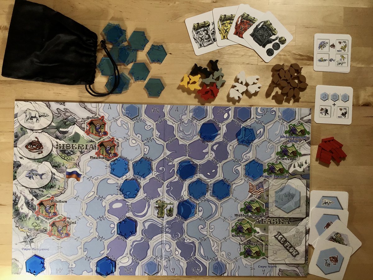 In Ice Flow players have 3 explorers and a rucksack.On your turn, rotate or move an ice floe, then move one of your explorers and collect items.Winner is the 1st to negotiate all the hazards and arrive in Siberia all 3 explorers intact.By Ludorum Games