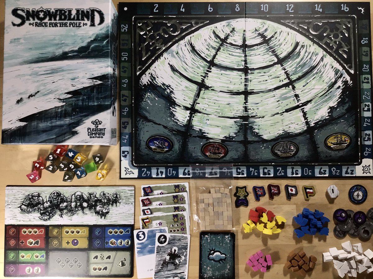 Snowblind is a press-your-luck risk-management dice game where 1-4 players take control of a polar expeditionThe further you advance your flag, and the more men who survive the Antarctic winter at the end of the game, the more prestige your expedition receives @pleasantcogames