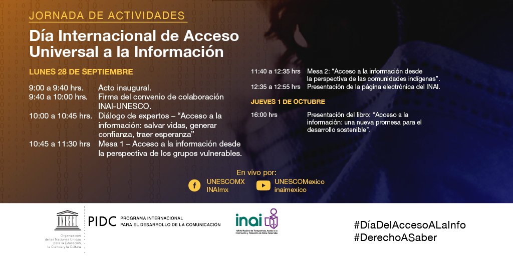 ❇️No te pierdas la transmisión de la jornada de actividades en el marco del #DíaDelAccesoALaInfo, organizada en colaboración entre el <a href="/INAImexico/">INAI</a> y la <a href="/UNESCOMexico/">UNESCO México</a> 

🗓 28 de septiembre
🕒 9:00 horas
💻 #EnVivo por #FacebookLive y #YouTube del #INAI