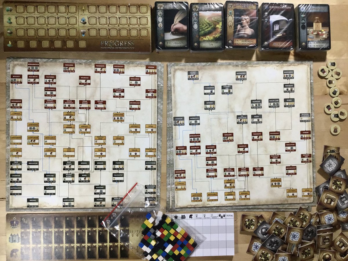 Progress: Evolution in TechnologyBring a civilization from early antiquity and learn various technologies, moving progressively to the Middle Ages, the Industrial Revolution, and Modern Times and ending with today's Internet or Social Welfare. @BoardAndDice