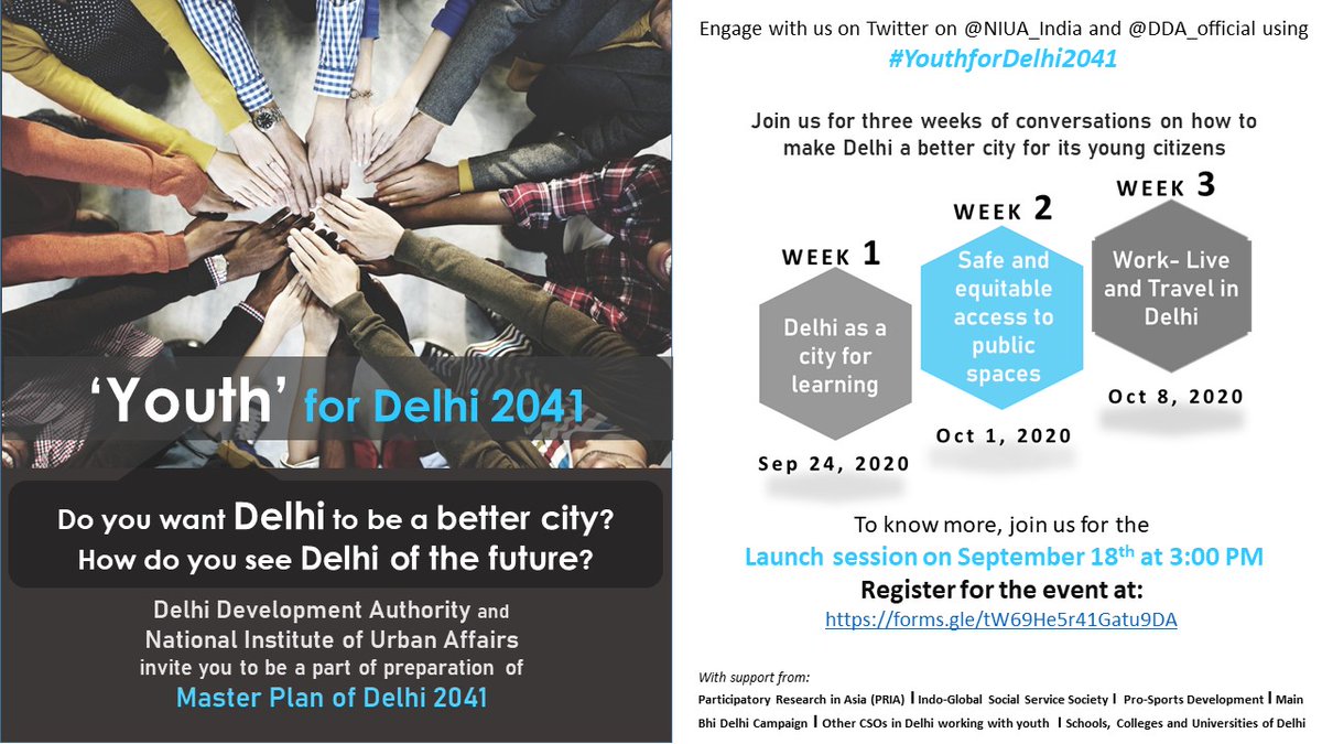Delhi Development Authority (@official_dda) on Twitter photo #YouthforDelhi2041
DDA and <a href="/NIUA_India/">NIUA_India</a> invite you to be part of MPD 2041. Join us for three weeks of conversation on how to make Delhi a better city for its young citizens. Launch session on Sept 18, 2020 at 3 PM. Register for the event at forms.gle/tW69He5r41Gatu… #YouthforDelhi2041
DDA and <a href="/NIUA_India/">NIUA_India</a> invite you to be part of MPD 2041. Join us for three weeks of conversation on how to make Delhi a better city for its young citizens. Launch session on Sept 18, 2020 at 3 PM. Register for the event at forms.gle/tW69He5r41Gatu…