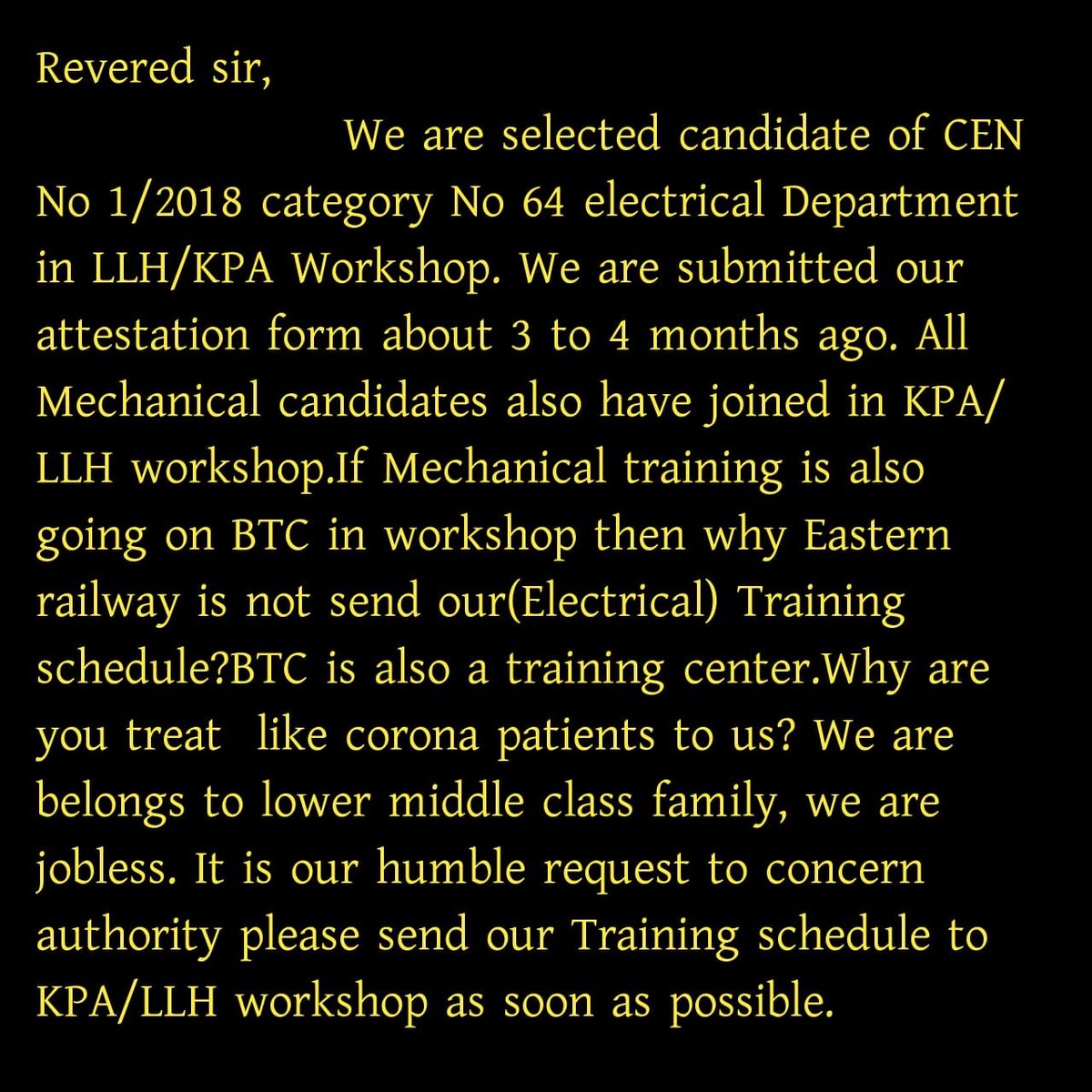 joyjoardar's tweet photo. @PiyushGoyalOffc Sab kuch ho raha hai is covid19 situation mai Sir ji hum electrical candidates ko joining dijiye. Berojgar Selected candidates ki future k bare mai bhi socha jaye. please help us @EasternRailway @cwmkanchrapara @PiyushGoyalOffc @adhirrcinc @RahulGandhi @PMOIndia @RailMinIndia https://t.co/PpB112Yo7s