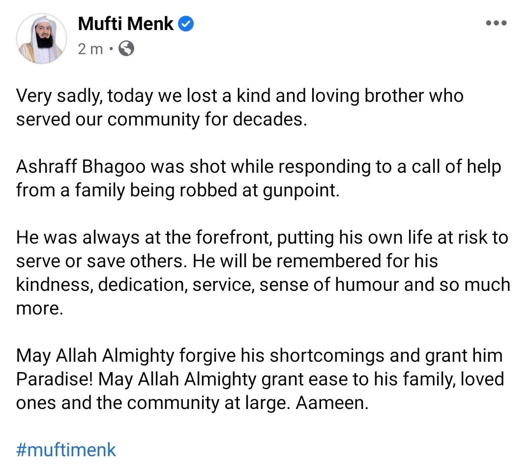 Very sadly, we lost a good brother today in Harare, Zimbabwe. Ashraff Bhagoo was shot by armed robbers while responding to a call of help! Our prayers are with him and his family! May the Almighty grant him the loftiest ranks of Paradise. Aameen