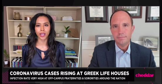 nicfraternity's tweet photo. Judson Horras spoke live with @cheddar anchor @AziaCelestino about fraternities and coronavirus impact. Watch the interview: https://t.co/0WNq7Gvt1v #MaskUpFSL #StopTheDrops https://t.co/AKdg5pVqk0