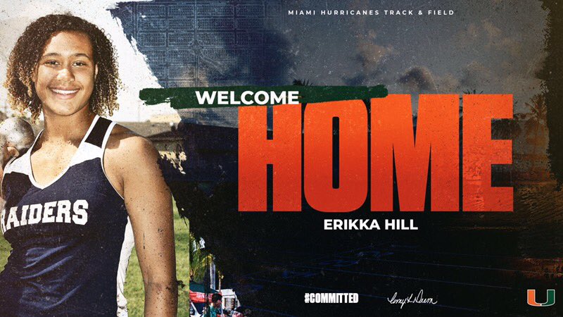 ErikkaHill's tweet photo. I am extremely excited to announce my verbal commitment to continue my academic and athletic career at University of Miami! Thank you to all of my family, friends, and coaches for supporting and encouraging me! Go Hurricanes! 🙌🏽 @CanesTrack https://t.co/7eMRDv2Yo5