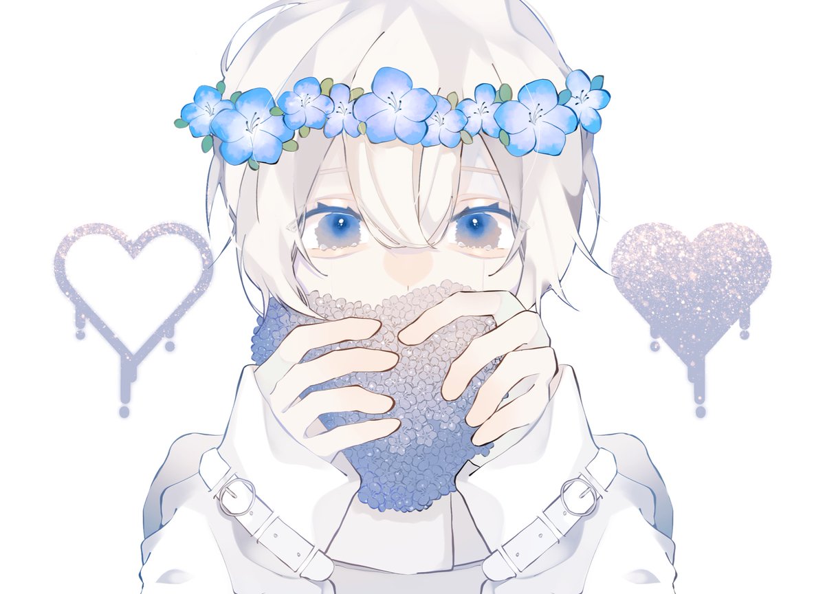 1boy male focus white hair head wreath blue eyes heart solo  illustration images