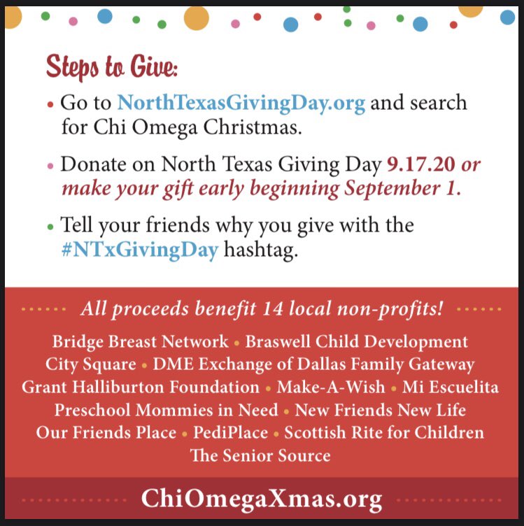 This Thursday is #NTxGivingDay - The perfect opportunity to support 14 local non-profits with a donation to #ChiOmegaXmas. 

Donation link in bio. 

Why are you giving on 9.17.20?