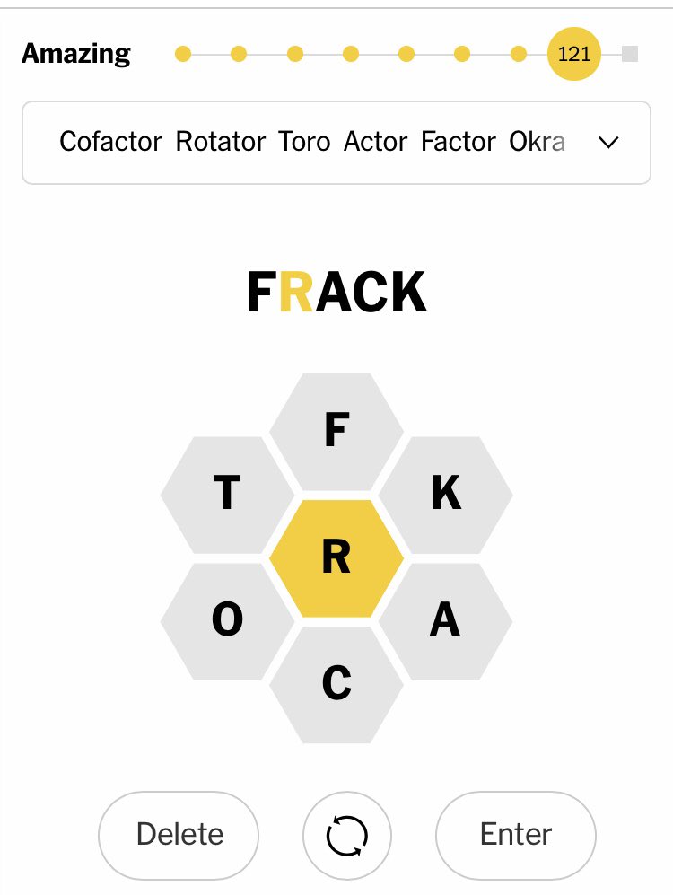 ~Spoiler alert. Stop if you are still working on today’s NYT spelling bee~So everything’s still awful but it’s bloody glorious that ⁦ @nytimes⁩ puzzlemakers accept FRACK as a word but not the gas industry’s FRACClimate activists added the K circa 2009 yeah we did that