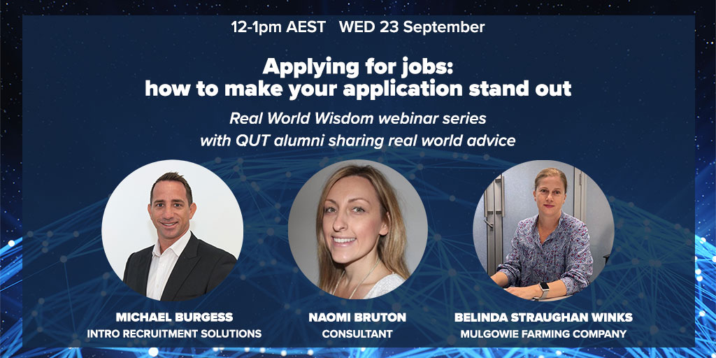 Your job application is often the first contact you’ll have with an employer. Learn how to make yours stand out from the crowd at our free, one-hour webinar!  Register here: bit.ly/3hDKNjY  
#qutbusiness #qutalumni #realworldwisdom #jobapplications