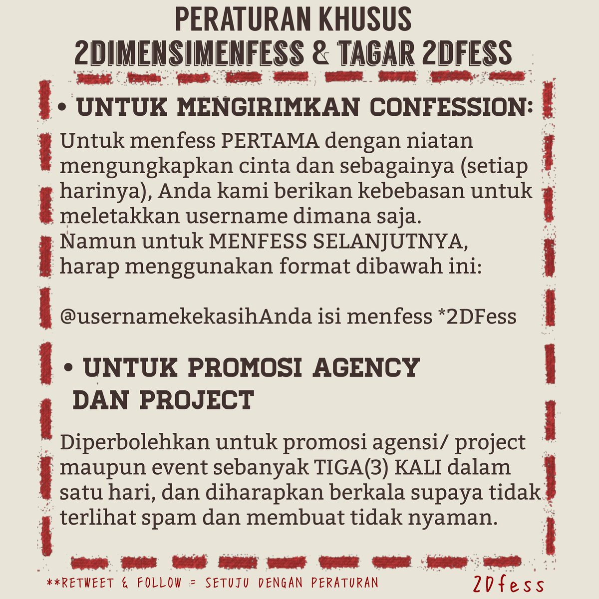 2DimensiMenfess's tweet image. PERATURAN DAN GUIDELINE 2DIMENSIMENFESS. 

❗️❗️❗️BACA SAMPAI AKHIR UNTUK MENDAPATKAN FOLLOWBACK.❗️❗️❗️

  • Trigger Utama: *2DFess 
   • Untuk pengguna lama, berarti sudah komitmen menaati peraturan, ya! -Kumo