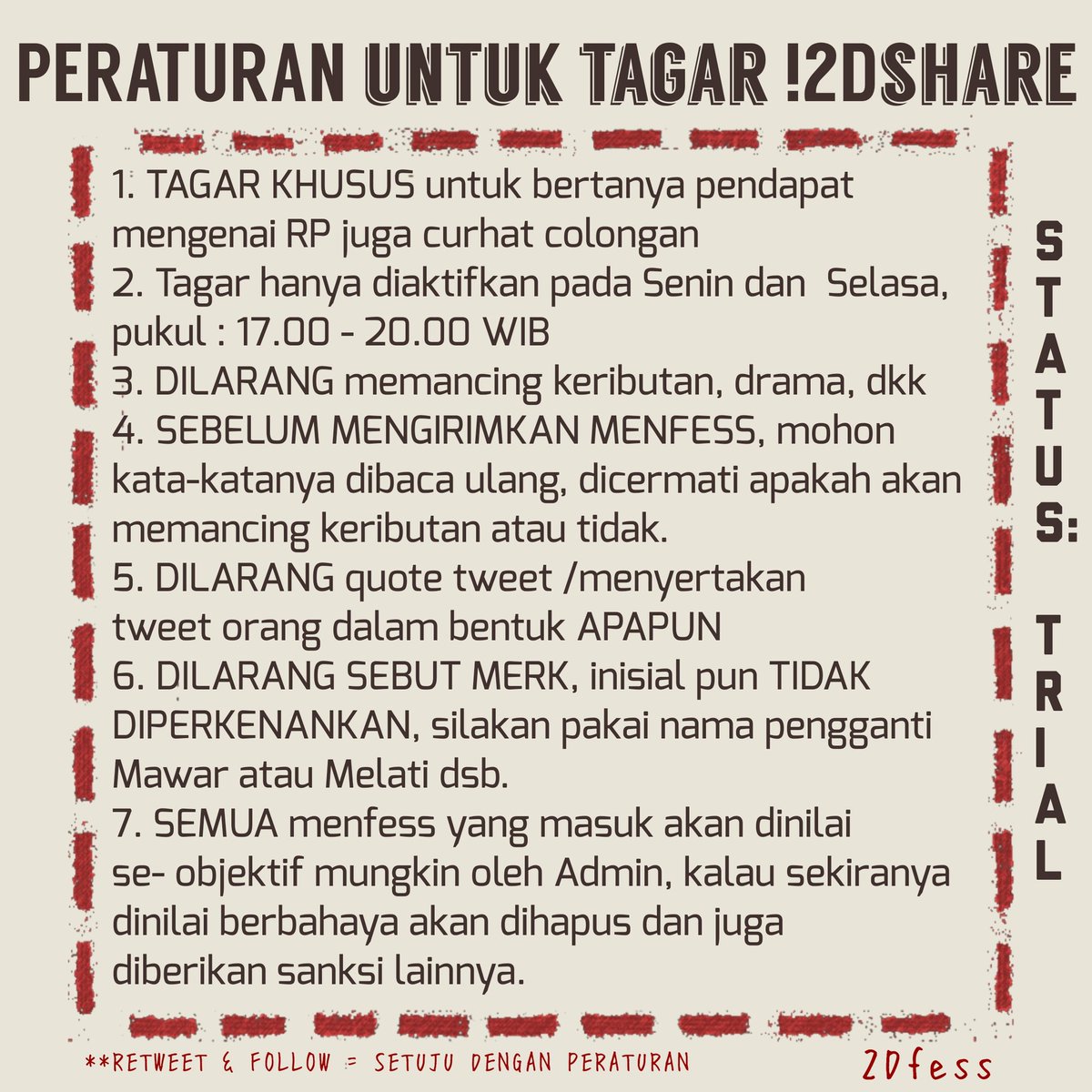 2DimensiMenfess's tweet image. PERATURAN DAN GUIDELINE 2DIMENSIMENFESS. 

❗️❗️❗️BACA SAMPAI AKHIR UNTUK MENDAPATKAN FOLLOWBACK.❗️❗️❗️

  • Trigger Utama: *2DFess 
   • Untuk pengguna lama, berarti sudah komitmen menaati peraturan, ya! -Kumo