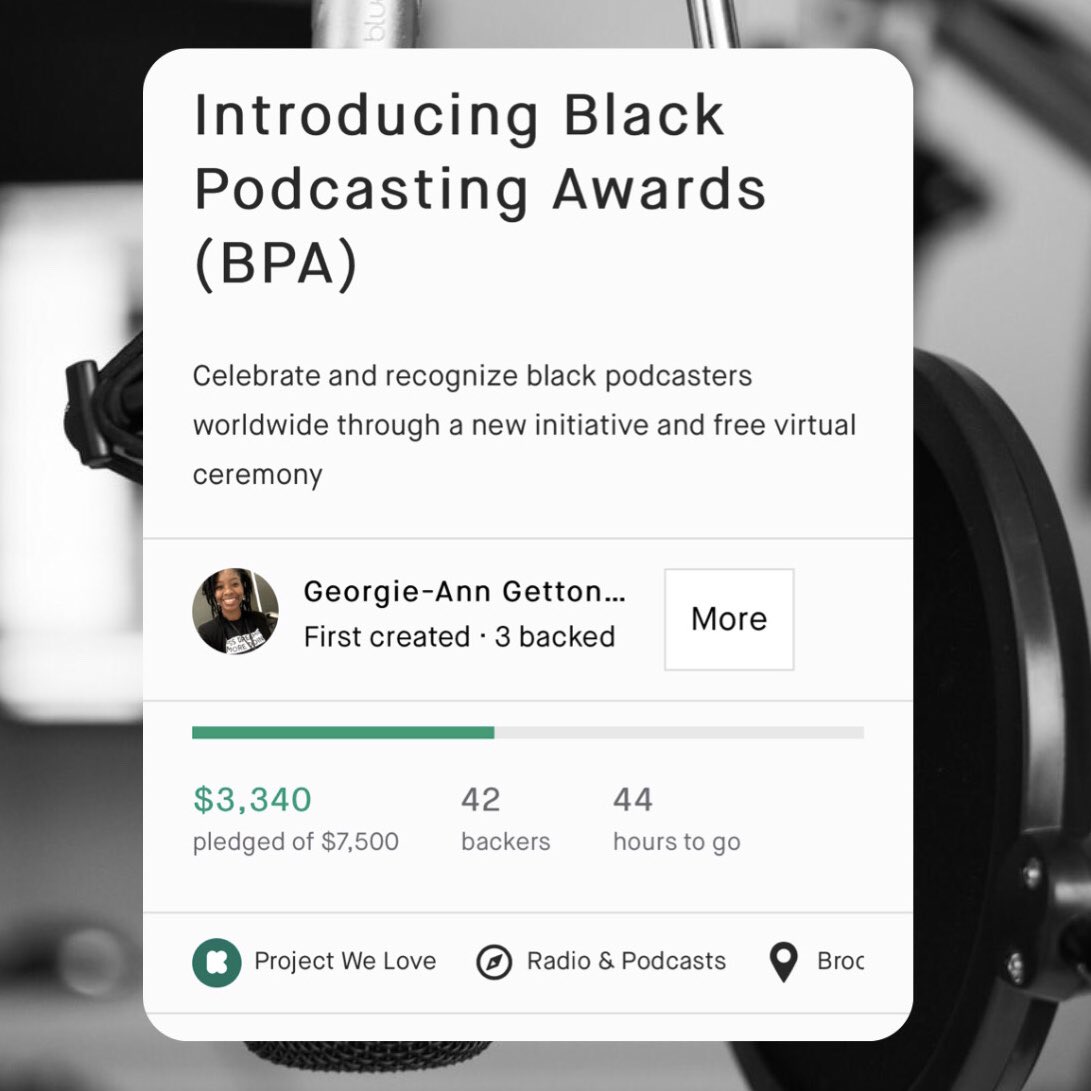 Who got $5 on it? We are in the final stretch. 45hrs and 44% raised for the Black Podcasting Awards!Whether it’s $5, $50, $500 support the  @blackpodawards today!  https://www.kickstarter.com/projects/bpa2020/introducing-black-podcasting-awards-bpa