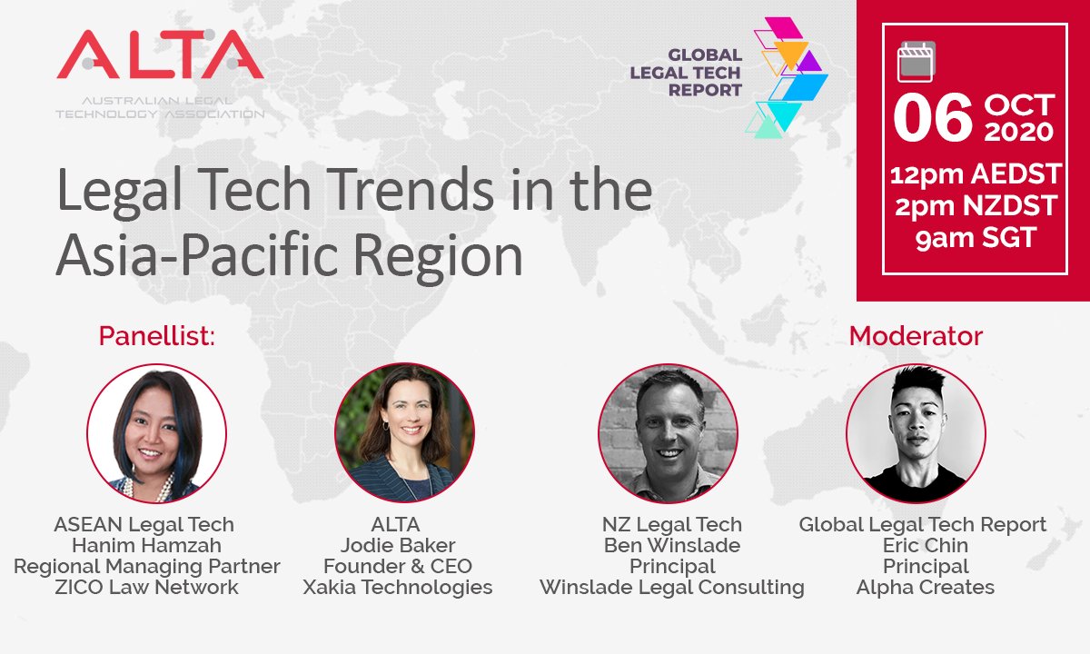 Join us on October 6th for a panel discussion on trends in the Asia-Pacific #legaltech market with the region's leading legal tech association's with our panellist's Hanim Hamzah @jodiebaker74 <a href="/BenWinslade/">Ben Winslade</a> and presenter <a href="/EricJYChin/">Eric Chin</a> . Register now: ow.ly/V8mf30r91gT