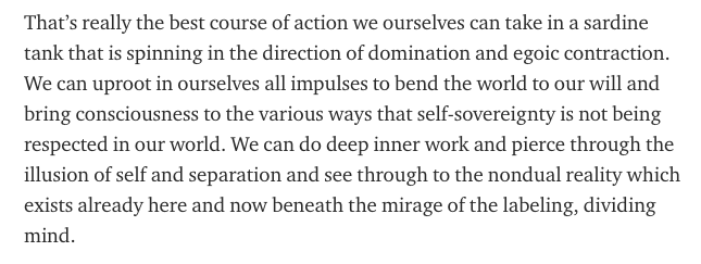 That’s really the best course of action we ourselves can take in a sardine tank that is spinning in the direction of domination and egoic contraction.