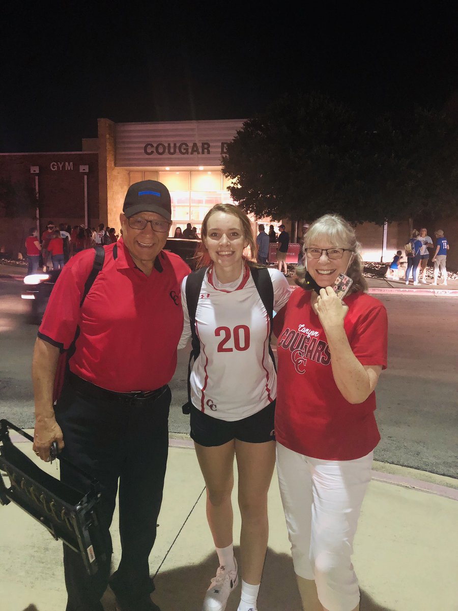 AmyRMalone's tweet photo. A quick “mask-free” pic with the grandparents after a great Cougarettes season opener win against the Unicorns! #GrandparentsAreTheBest #GoCanyon #CC2020Vision @canyonVB @kylam01 https://t.co/RriDGoGC0t