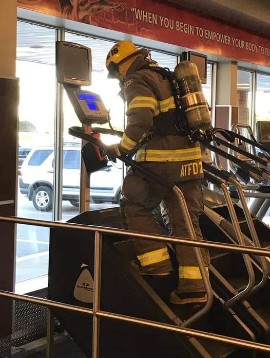 "Saw a pretty amazing thing tonight at the gym. This firefighter was on the stair climber in full equipment, including his mask & oxygen tank. After about a half hour, I saw him finishing & taking his gear off so I went over to tell him how much I respected what he was doing.1/