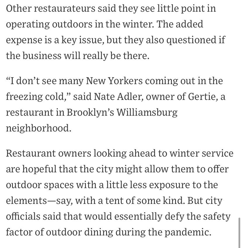 And then there’s the bigger question of whether this is something diners even want - to eat in the cold, even with heat lamps. Tonight seemed right on the edge of pleasant and a little too chilly.  @yenbakas gets to the difficult heart of the matter:  https://gothamist.com/food/whats-stopping-nyc-restaurants-offering-outdoor-dining-year-round