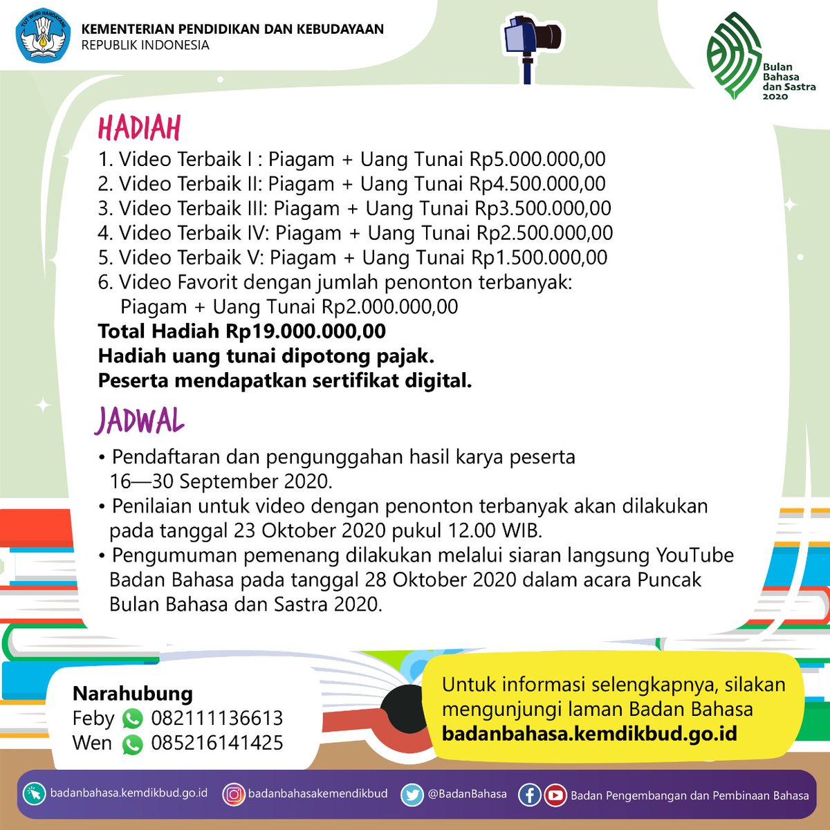 #RabuBerliterasi

Dalam rangka meningkatkan minat baca anak dan menyambut Bulan Bahasa dan Sastra 2020, Badan Pengembangan dan Pembinaan Bahasa menyelenggarakan Lomba Cerdas Mengulas Buku (LCMB).

#LombaCerdasMengulasBuku
#LCMB2020
#MerdekaBelajar
#BersamaHadapiKorona