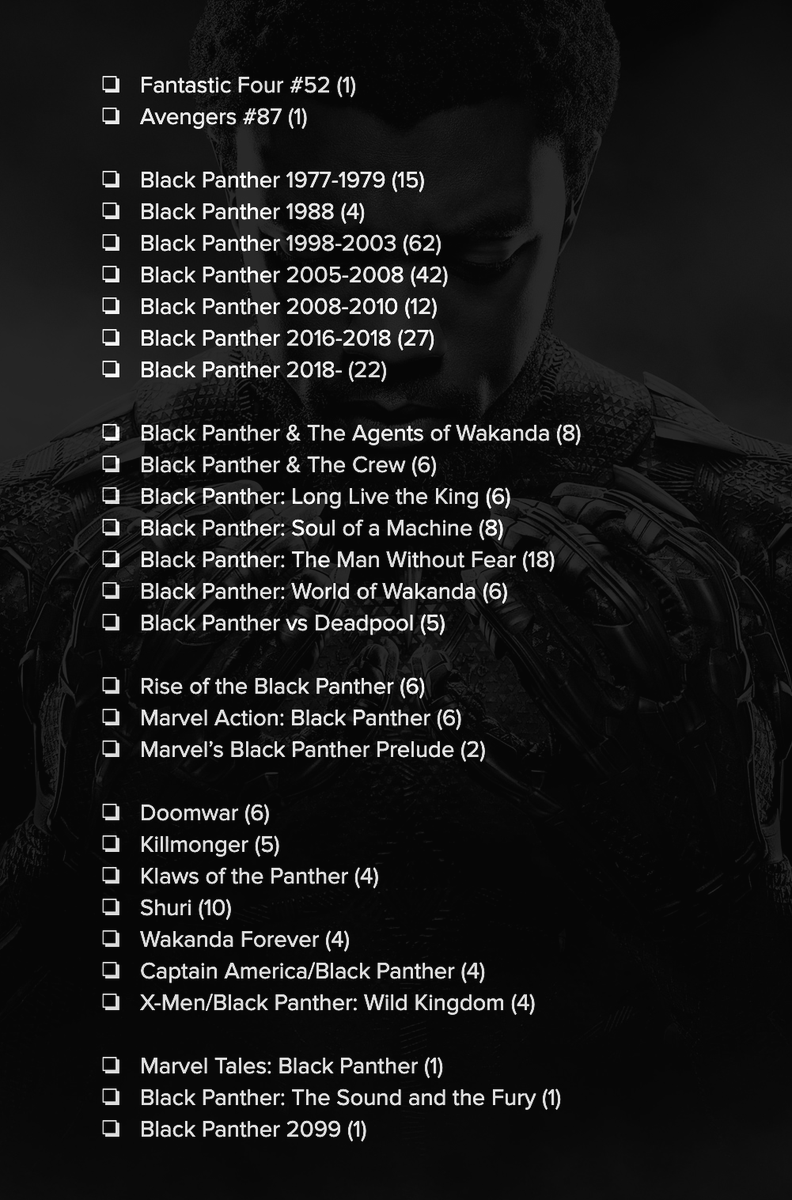 Those were the comics I was able to find (I likely missed some. If I did, please add to this thread).As a bit of a tribute, I made a checklist for you to follow. Who knows how long they& #39;ll stay free. Grab & #39;em while you can!  #BlackPanther  #RIPChadwickBoseman   #WakandaForever