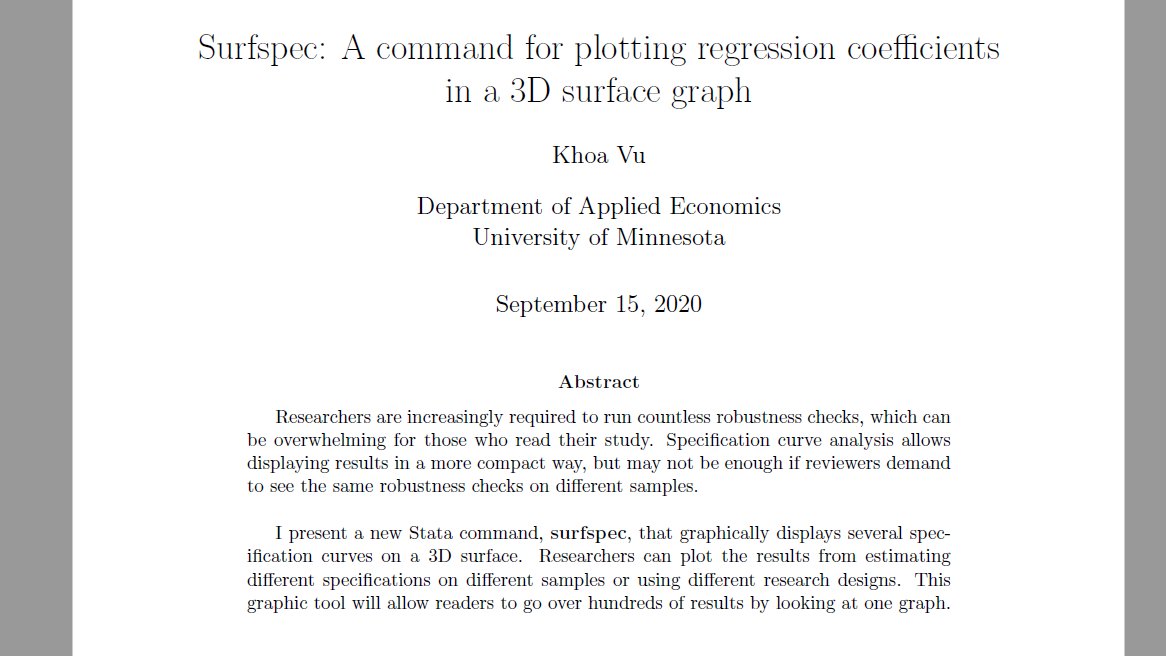 KhoaVuUmn's tweet image. 🚨New working paper🚨
New Stata command to plot regression estimates for several specifications + several samples in a 3D surface graph.