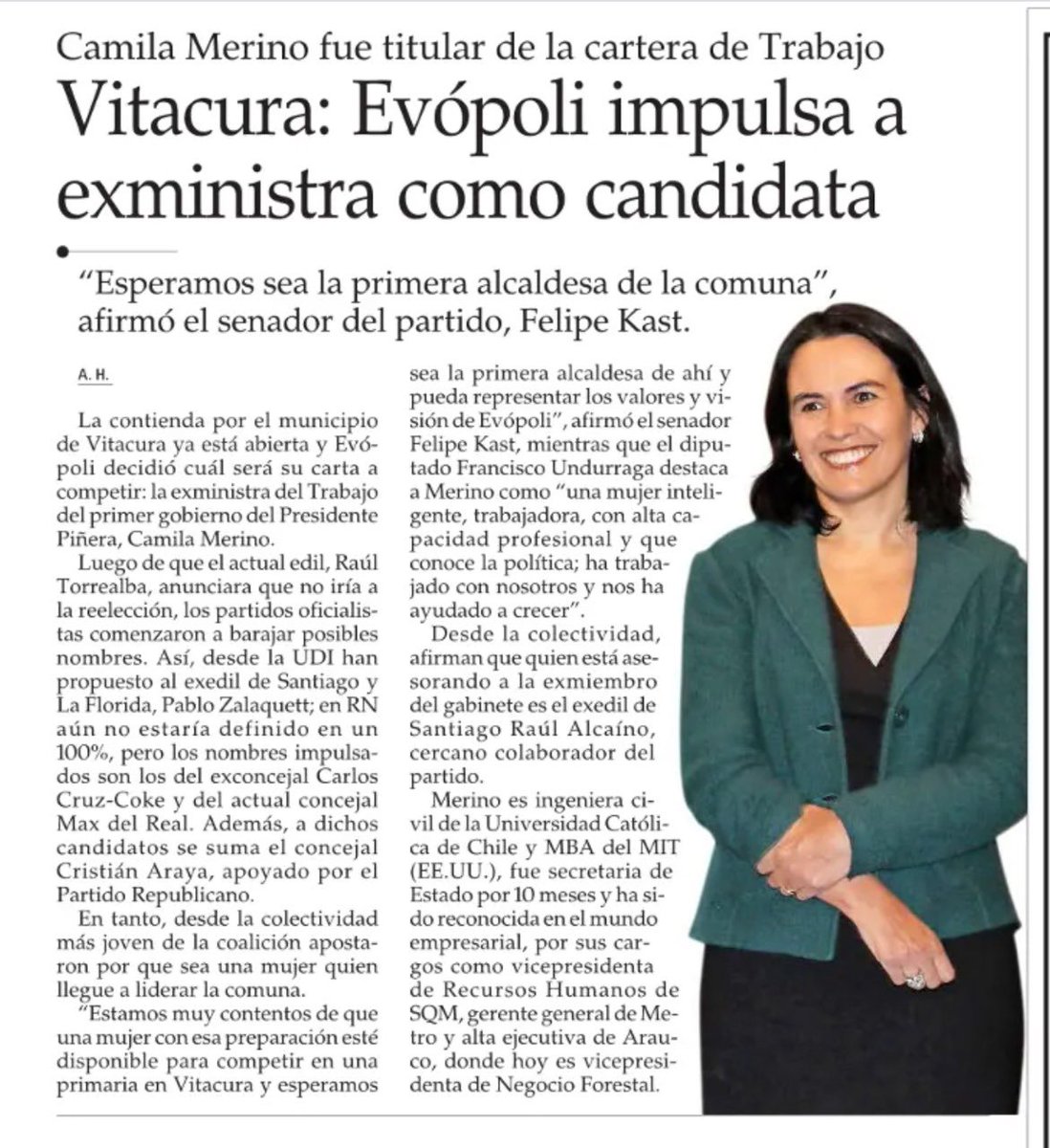 Panchoundurraga's tweet photo. Porque el jugarse a concho por lo que uno cree , es algo que no pasa de moda y hoy es más necesario que nunca , démosle la bienvenida y apoyo a la Candidata a Alcaldesa de @evopoli en @MuniVitacura CAMILA MERINO #primariasvitacurachilevamos https://t.co/BLTL0ZPLGg