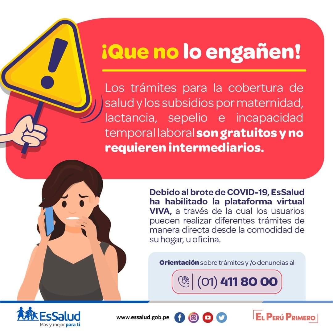 Los trámites de subsidios por maternidad, lactancia y sepelio son gratuitos y no necesitan de intermediarios. 
Que no te engañen, realiza tus trámites de manera directa y desde la comodidad de casa u oficina, aquí 👉 viva.essalud.gob.pe/viva/login
<a href="/EsSaludPeru/">EsSalud Perú</a>
#SeguimosEnGuardia💙