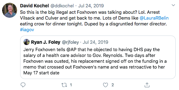 Kochel wrongly claimed that Foxhoven had said all salary-sharing agreements were illegal, then said I and others had been "duped by a disgruntled director" 7/