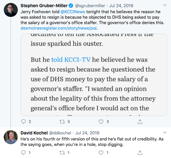 Kochel tried to discourage some young reporters from taking this story seriously, telling  @sgrubermiller that Foxhoven was "on his fourth or fifth version of this" and "flat out of credibility."In fact Foxhoven had not changed his story. He had simply filled in some details. 8/
