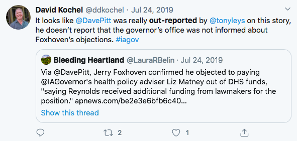 Kochel also tried to pit experienced reporters  @davepitt and  @tonyleys against each other as both reported new developments in the Foxhoven story. Central to his narrative was the claim that the former DHS director never raised concerns w/  @IAGovernor's staff. 9/