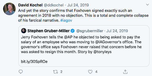 Kochel insisted that the salary-sharing agreement Foxhoven didn't want to sign in 2019 was "exactly" like ones he had signed before. He derided Foxhoven's "farcical narrative" and my supposedly "ridiculous framing." 11/