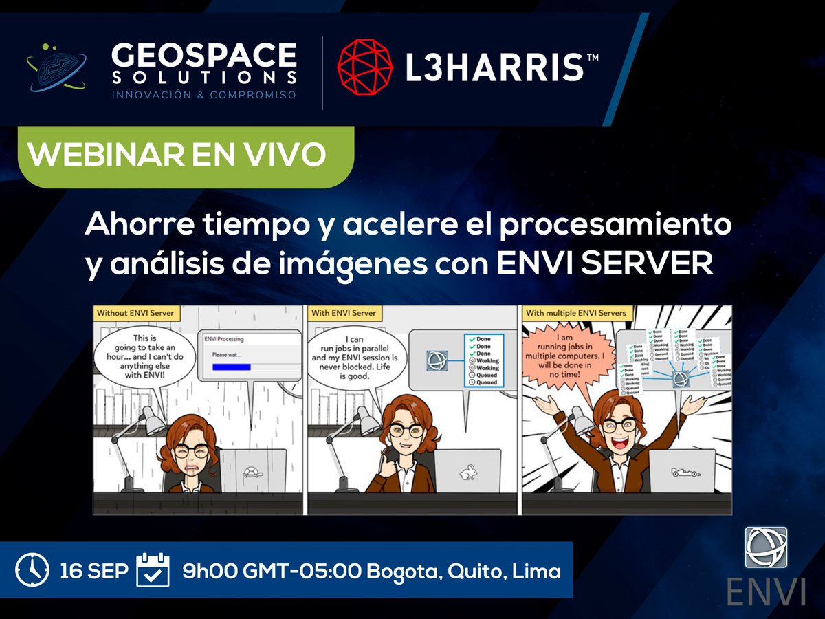 GeoSpaceSol's tweet photo. Únase a este webinar este 16 de SEP 09:00 (Hora de Bogota , Quito, Lima) y conoce el potencial de ENVI Server 🙌 para administrar y ejecutar el procesamiento de imágenes geoespaciales mas rápido que nunca!
Registrate Aqui: 👇👇👇👇
https://t.co/dV5ipetJ82
#ENVI #ENVIanalytics https://t.co/PQrDf5iVRh