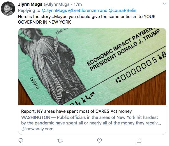 Tonight  @jlynnmugs repeatedly shared news reports about CARES Act funds being used to cover public health workers' salaries in New York state. Of course I'd never claimed  #COVID19 relief funds can't be used for any staff salaries. 22/