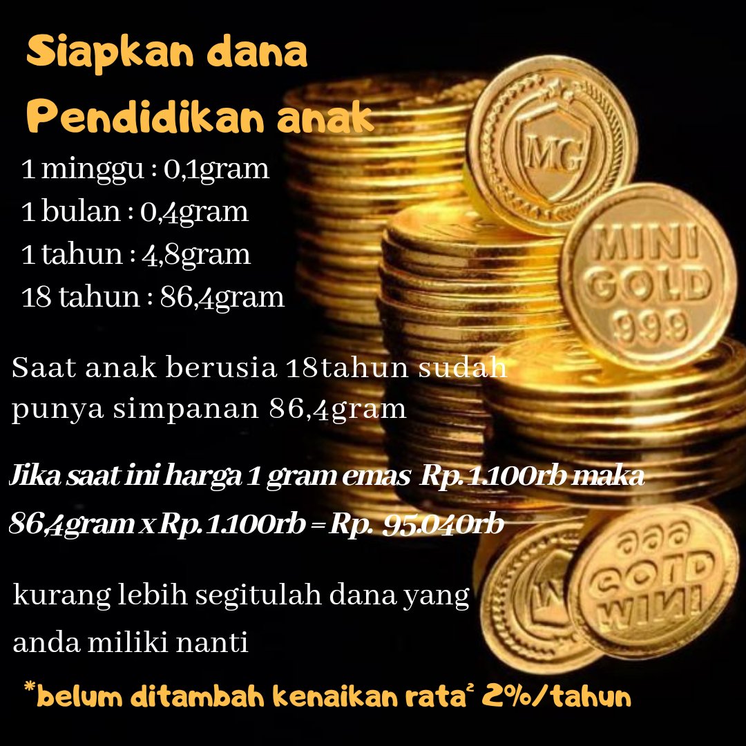 Dengan menabung emas merupakan pilihan tepat untuk rencana panjang, seperti untuk pendidikan anak. Info lengkap wa.me/628129006326 #AyoBorongMiniGold #minigold #SemuaBisaPunyaEmas #melekemas #investasiemas #miniGoldBukittinggi #tabunganpendidikan