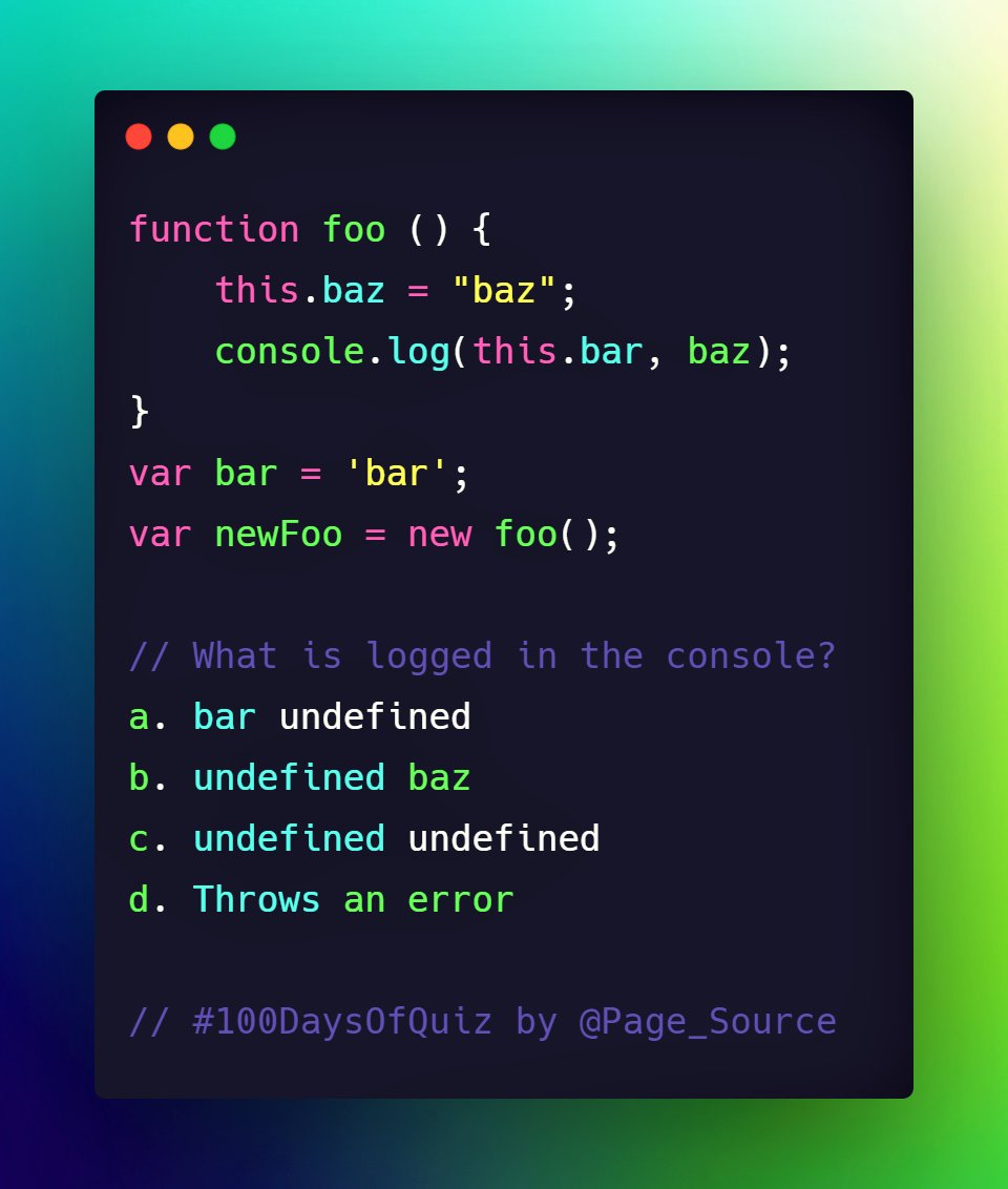 Day 36 Question in  #JavaScript 100 Days Of QuizWhat is logged in the console for the code shown ? Follow this thread for all questions  #100DaysOfCode  #100DaysOfQuiz  #Webdevelopment  #DevComIn  #DEVCommunity  #JavaScriptInterview