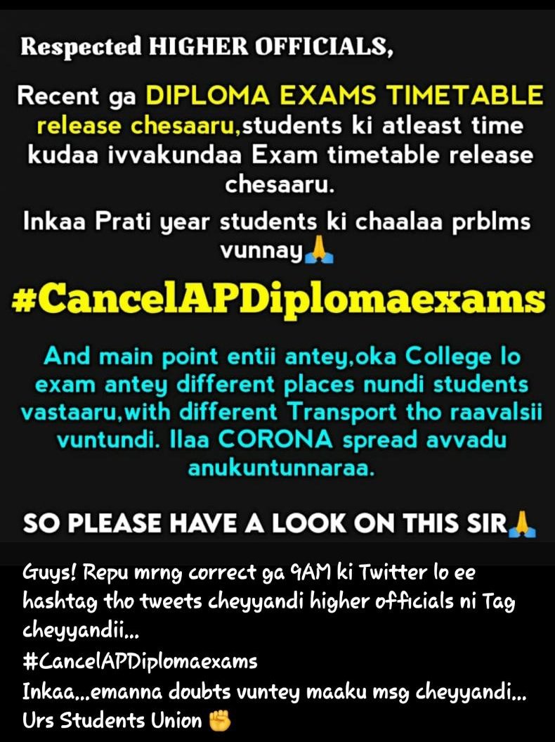 _its_rajesh's tweet photo. Students mention officials and retweets fast ✊ 
#cancelAPdiplomaexams 
@ysjagan @Ganta_Srinivasa https://t.co/IuMyGyGRFC