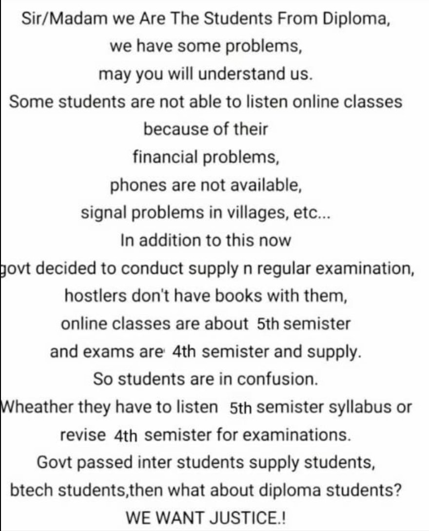 the_truelover's tweet photo. We want justice @KadiyamSrihari @Tssbtet #Diploma #Justicefordiplomastudents
#cancelexamsints 
Sir we request you to postpone the exams which are held in 1st oct.for dîplõmā c18 supply and regular exams https://t.co/29P9QOYWvg