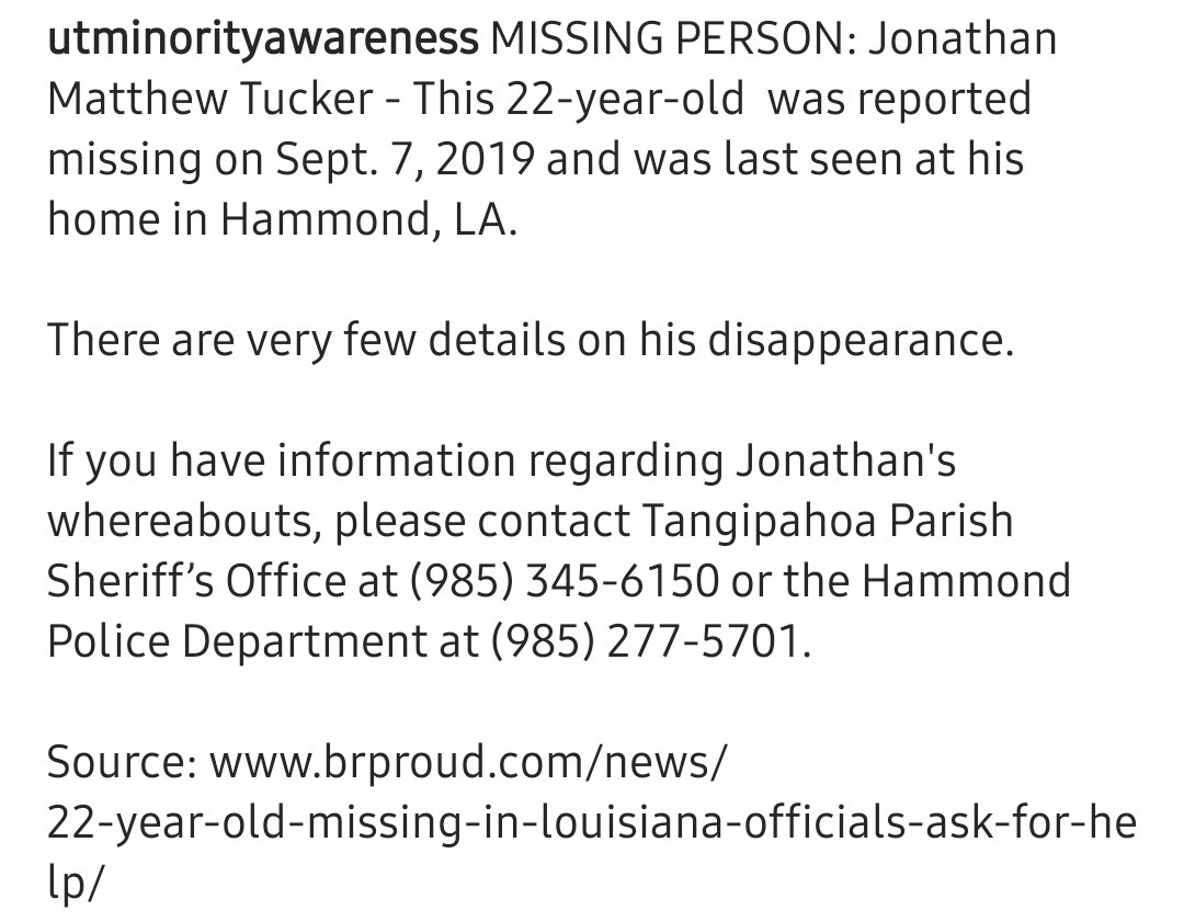 UTMinorityAware's tweet photo. PLEASE RETWEET! HELP US FIND JONATHAN MATTHEW TUCKER -LAST SEEN ON SEPT. 7 IN HAMMOND, LA! 🔍 #findjonathan #speakup #takeaction #missingperson #missing #hammond #GoViral #disappearance #hammondla #tangipahoa #helpus #hislifematters https://t.co/e5knYWILKA