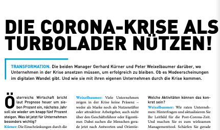 p_weixelbaumer's tweet photo. 506-#CEO @gerhardkuerner und ich in der #chefinfo über Maßnahmen, die man als #Unternehmen gerade jetzt setzen sollte - um vital zu bleiben und erfolgreicher zu werden. Und wie wir selbst mit der #Coronakrise umgehen.
https://t.co/G7viwZyQe5 https://t.co/w2Znfqdqnk