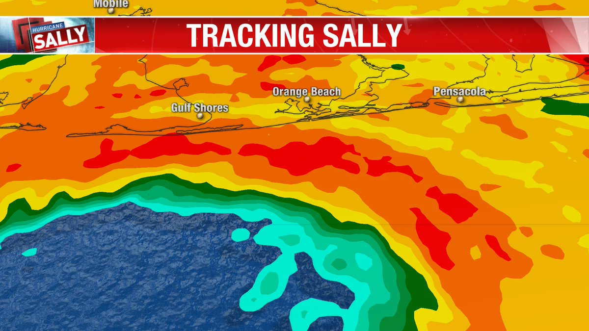 JanessaWebb's tweet photo. Landfall still hours and hours away, but I'm watching a wobble to the northeast with the center of circulation going through #OrangeBeach. #Pensacola stays under the eyewall. #HurricaneSally https://t.co/3DnnfDYvzG