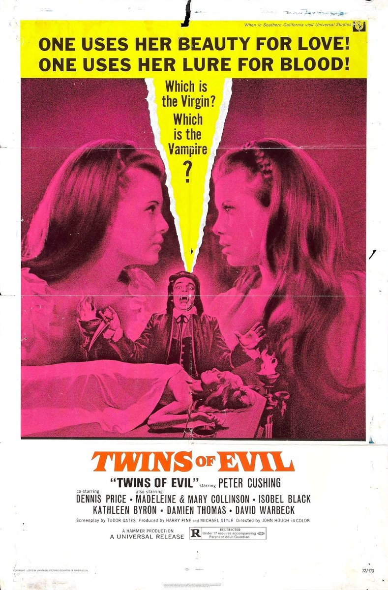 We watched Twins of Evil from 1971. Or rewatched it, I should say. This is the last film in the Karnstein Trilogy, the third Hammer horror film based very loosely on Le Fanu’s “Carmilla”.