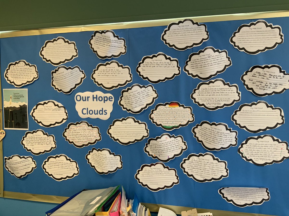 BottishamPri's tweet photo. These ‘hope clouds’ created by Maple Class are a wonderful daily reminder of the children’s hopes for the future. They are thoughtful, poignant and inspiring! @AnglianLearning https://t.co/Lz1gNyeGZI